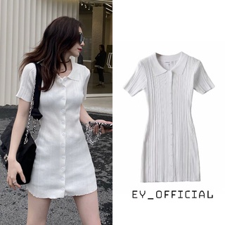 Ey_official#3517#พร้อมส่งเดรสสั้นผ้าไหมพรมร้องเล็กคอปกแขนสั้นกระดุมหน้าแกะได้เหมาะกับสาวสูงไม่เกิน155นะคะ