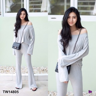 TW14805  Set 2 ชิ้น เสื้อเปิดไหล่ แขนยาว มาคู่กับกางเกงขายาว ทรงขาม้า เนื้อผ้าเรยอนสีพื้น ผ้านิ่มยืดได้เยอะ