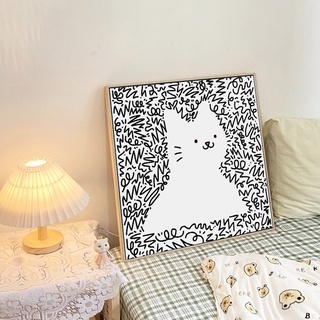 โปสเตอร์ภาพวาดผ้าใบ รูปการ์ตูนแมว สไตล์นอร์ดิกโมเดิร์น มีสีดํา และสีขาว สําหรับตกแต่งบ้าน ห้องนอน