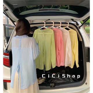 Cicishop(6075)เสื้อเชิ้ตแขนยาวซีทรูนิดๆ ทรงงหลวม แหวกหลัง ดีเทลมีเชือกผูก ใส่แล้วเซ็กซี่แซ่บสุดๆ