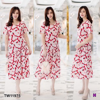 AT11975  Maxi Dress #สาวอวบ เดรสคอกลมพิมพ์ลาย