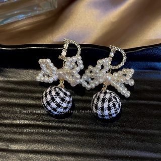 925 silver needle pearl bow black and white plaid ball earrings autumn and winter female letter earrings temperament ret