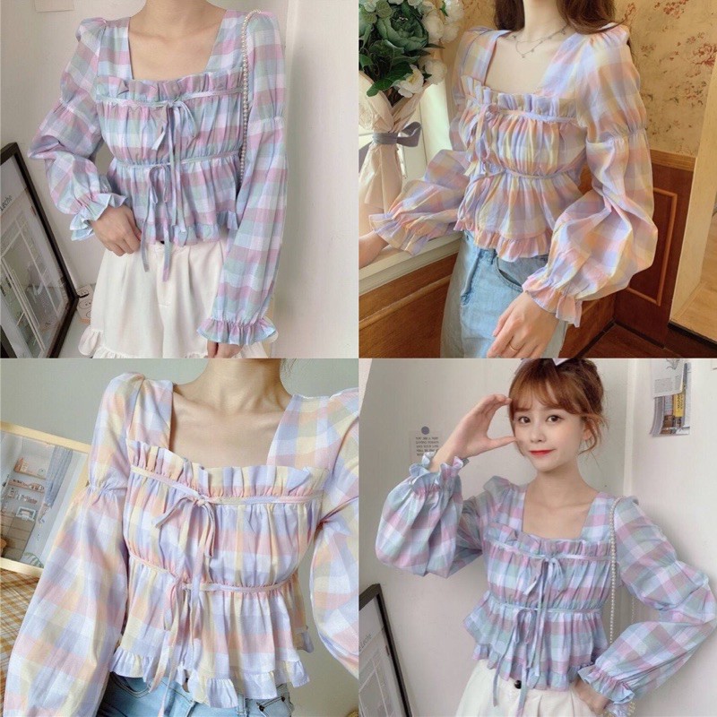 เสื้อแขนยาวลายสก๊อตสีพาสเทล