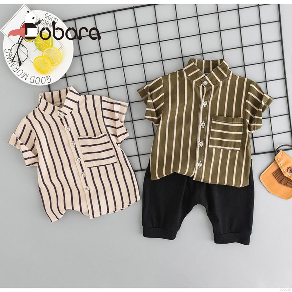 bobora-เสื้อแขนสั้นลายทาง-กางเกงขาสั้นสำหรับเด็กผู้ชาย
