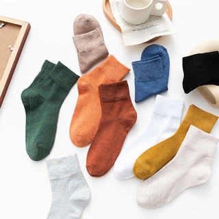 สินค้า 🇹🇭ถุงเท้าผ้าฝ้าย ถุงเท้าแฟชั่น ถุงเท้าญี่ปุ่น สีพื้น ข้อยาว วินเทจ สตรีท 10 สี ถุงเท้าผู้หญิง