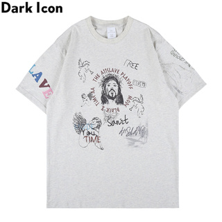 Dark Icon Graffiti เสื้อยืดผู้ชายขนาดใหญ่ Summer Short Sleeves Streetwear Tshirts for Men Grey Tee