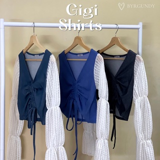 ✨พร้อมส่ง✨ 💖BYRGUNDY - Gigi Shirts - DenimxLace เสื้อผ้ายีนส์ยืด แขนระบายลูกไม้