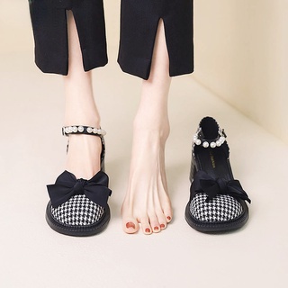 รองเท้าผู้หญิง แมรี่ เจน  ฤดูใบไม้ผลิแฟชั่นใหม่หัวเข็มขัดมุก/ส้นหนารองเท้าส้นสูงกันลื่น รองเท้าส้นสูงของสาวๆ