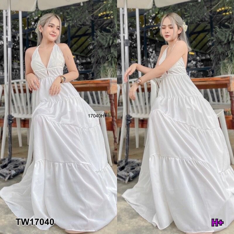 tw17040แม็กซี่เดรสสายเดี่ยวผูกคอยาว-เนื้อผ้าไหมอิตาลี่-มีเชือกผูกหลัง-อกเสริมฟองน้ำ-ใส่ไปเที่ยว-หรือจะใส่ไปถ่ายรูป