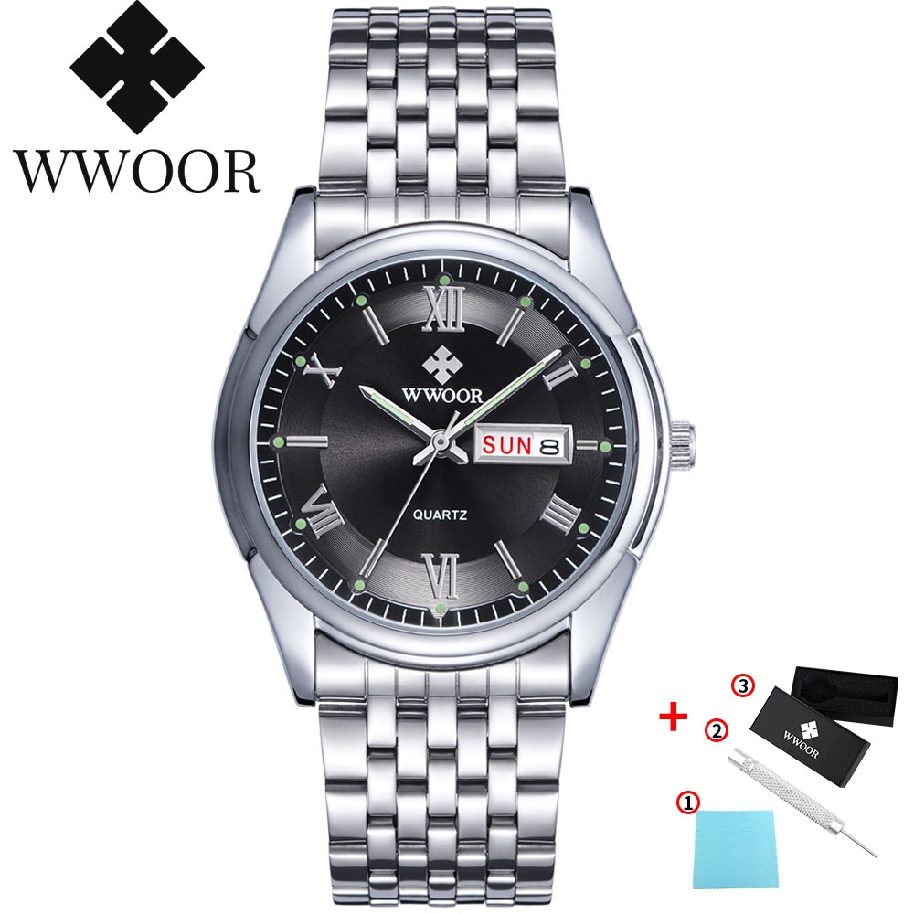 ภาพหน้าปกสินค้านาฬิกาผู้ชายควอตซ์กันน้ำมีเวลาแฟชั่นสายสแตนเลสของขวญพ่อนาฬิกาทางการหน้าปัดดำ 8802