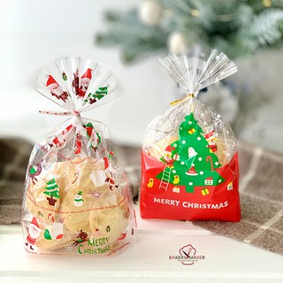 Xmas ถุงพลาสติกใส่ขนม มีก้น 2 แบบ *ไม่รวมลวดมัดถุง* /บรรจุแพ็คละ 1 แบบ 20 ใบ / Christmas cookie bags