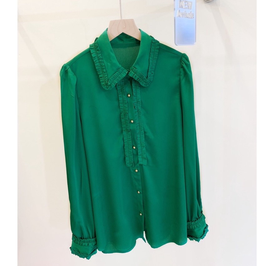 luxurydressshop-เสื้อใส่ทำงานสีเขียวเแขนยาวคอปก-ผ้านิ่มใส่สบาย