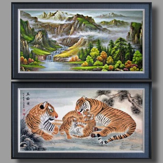 กรอบรูปมงคลตกแต่งบ้านรูปเสือ+รูปวิวธรรมชาติภูเขาเชต2กรอบ(ขนาด30×60)