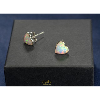 ต่างหูเงินแท้ 925 White Opal Heart ตัวเรือนเคลือบทองคำขาว 8 mm.