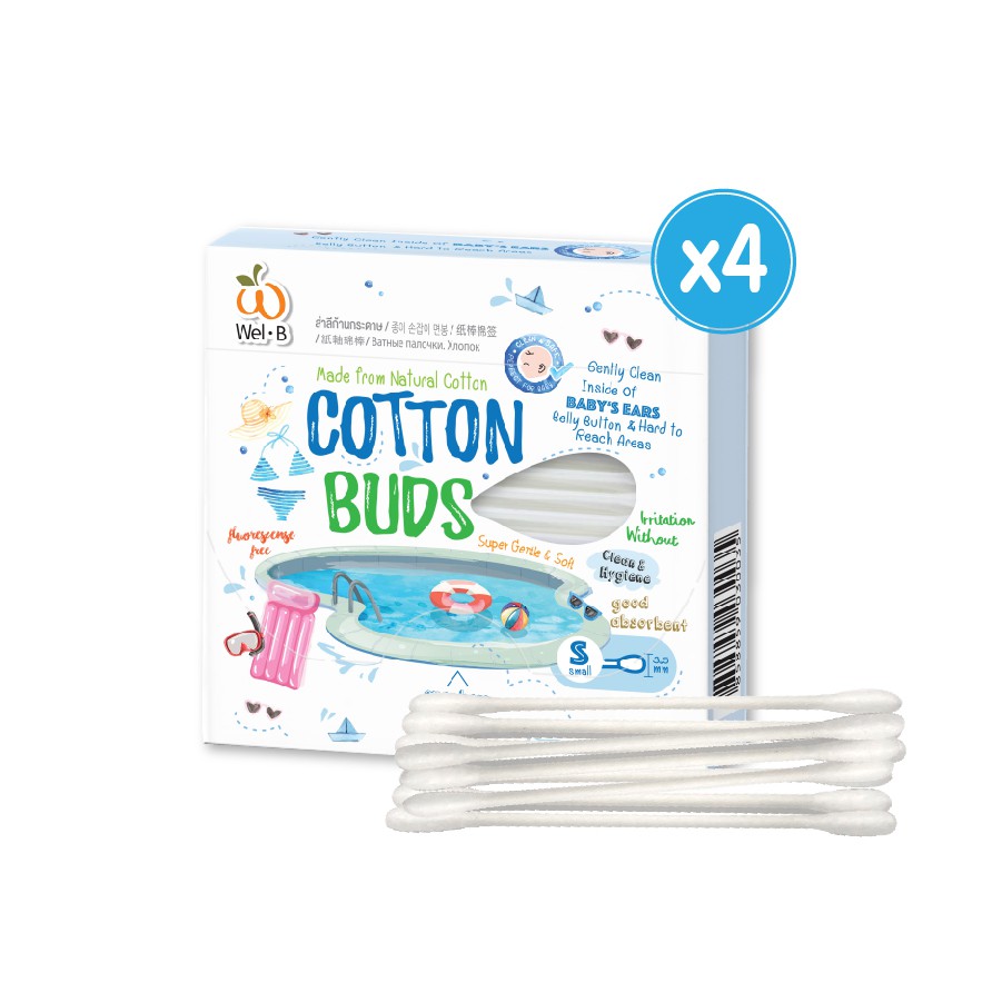 ราคาและรีวิวWel-B Cotton Buds 100pcs (เวลบี คอตตอนบัด 100 ก้าน) (แพ็ค 4 กล่อง) - สำลี สำหรับเด็ก ทารก