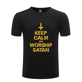 เสื้อยืดผ้าฝ้ายพิมพ์ลาย เสื้อยืด ผ้าฝ้าย 666 พิมพ์ลาย Keep Calm And Worship Satan Demon Gothic Emo สไตล์วินเทจ สําหรับผู