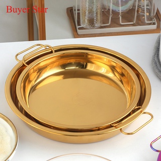 ✎✒Round Stainless steel pan cakPizza Baking tray with handle Noodle food serving pot tableware cookware Gold Metal kitch