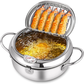 ㍿Japanese Deep Fryer with Thermometer and Lid 304 Stainless Steel Kitchen Tempura Fryer Pan Fryer Without Oil Frying Pan