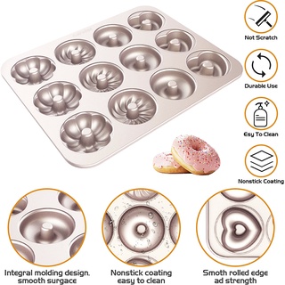 ✌▩12 Cavity Non-Stick Doughnut Baking Pans Carbon Steel Pattern Donut Maker Molds Tray DIY Cake Donuts Dessert Bakeware