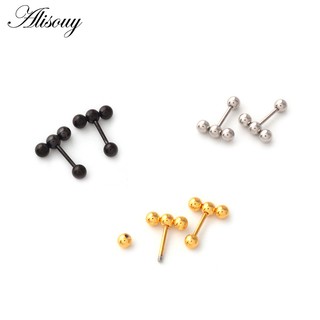 Alisouy 2 ชิ้น แฟชั่น เรียบง่าย หลายลูกเล็ก T บาร์ ต่างหูสตั๊ด สําหรับผู้หญิง พังก์ สเตนเลส สีดํา / ทอง / เงิน ต่างหูสตั๊ด