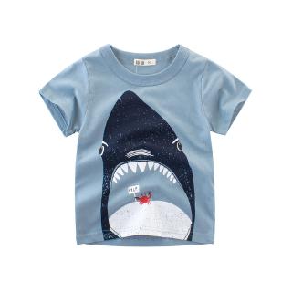 เด็กชายและเด็กหญิงในช่วงฤดูร้อนสีฟ้าอ่อนน่ารักการ์ตูนฉลามขนาดใหญ่รูปแบบผ้าฝ้ายเสื้อยืดแขนสั้นด้านบน