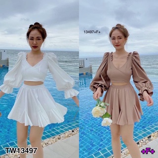 PE13497 Set 2ชิ้น เสื้อครอปแขนยาว หลังผูกโบว์