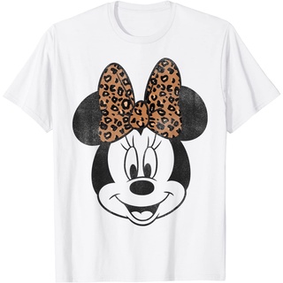ROUND คอลูกเรือเสื้อยืด ผ้าฝ้าย พิมพ์ลาย Disney Mickey And Friends Minnie Mouse Leopard Bow Portrait สวมใส่สบาย สําหรับผ