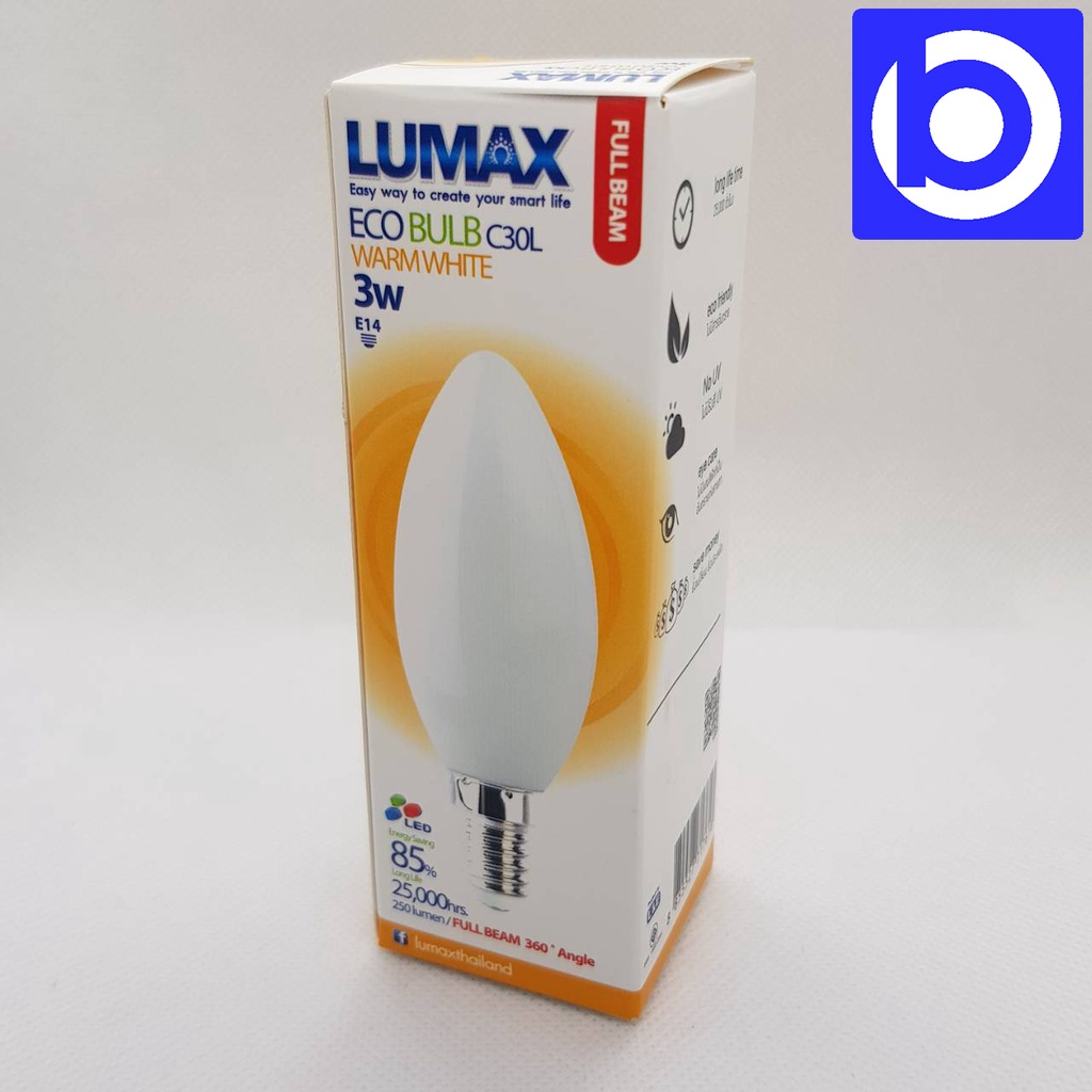 หลอดจำปา-เทียนหลอดสั้น-หลอด-candle-led-ยี่ห้อ-lumax-รุ่น-eco-bulb-c30l-ขั้ว-e14-ขนาด-3w-แสง-warm-white