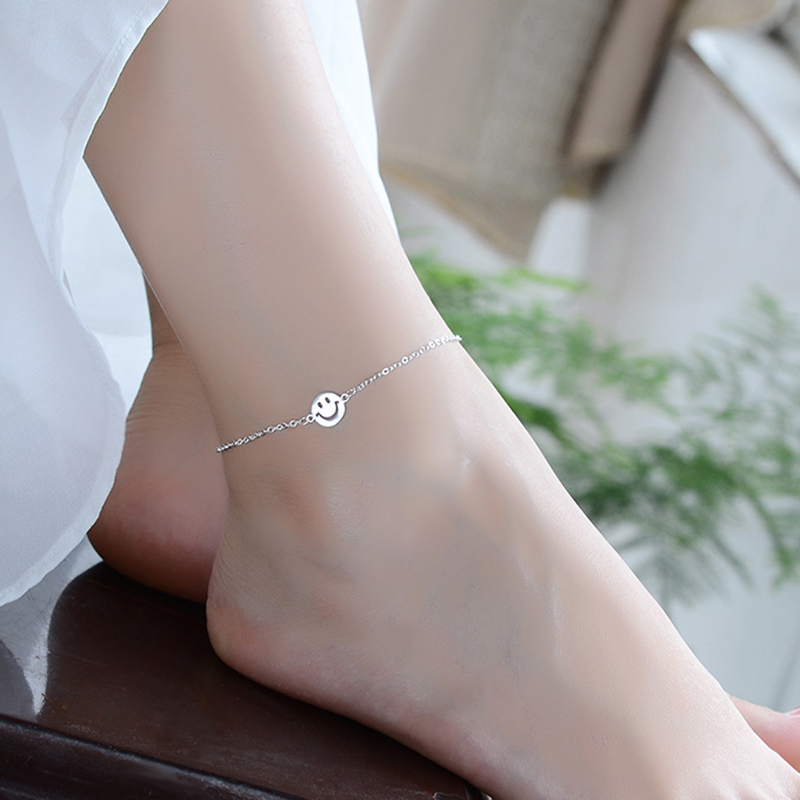 รูปภาพสินค้าแรกของสร้อยข้อเท้า Silver Anklets Fashion Jewelry Chain Smile Face Anklet for Women Girls Friend Foot Barefoot Leg Jewelry