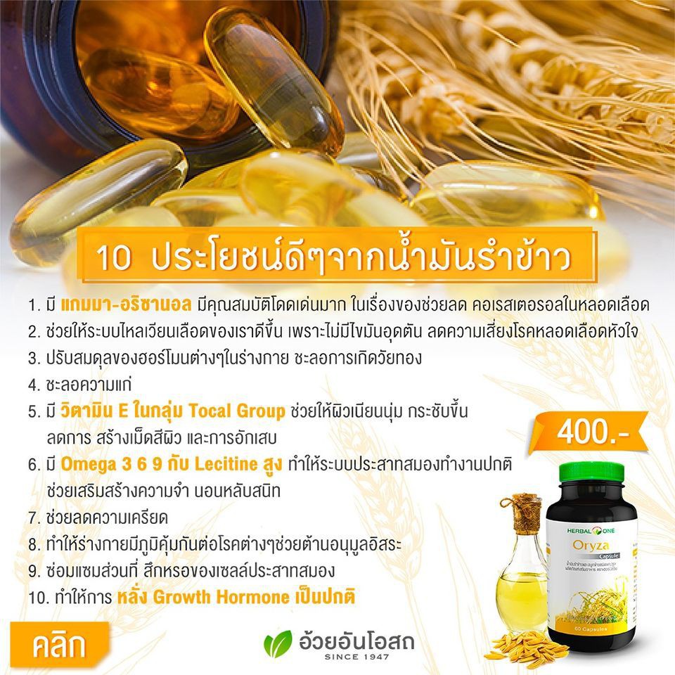 herbal-one-oryza-เฮอร์บัล-วัน-โอไรซา-น้ำมันรำข้าว-60-แคปซูล-อ้วยอันน้ำมันรำข้าว