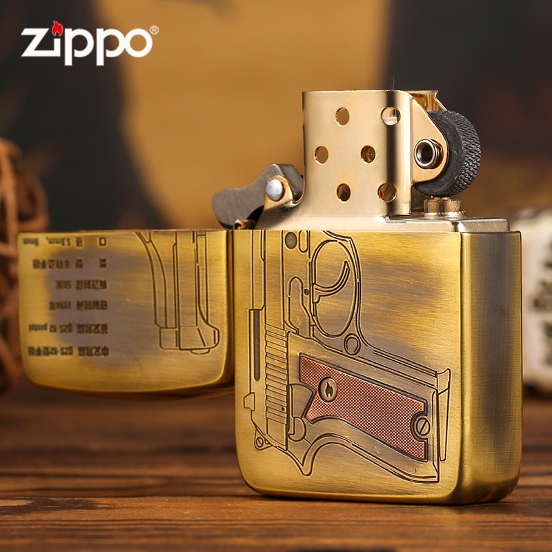 zippo-zippo-ของแท้-zippo-zippo-ไฟแช็กของแท้-ปืนพก-ตราประทับบรอนซ์สลักสองด้าน-ไฟแช็กน้ำมันก๊าดกันลมส่วนบุคคล