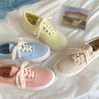 รองเท้าผ้าใบผู้หญิงทรง VANS เสริมส้น สีพาสเทล สไตล์เกาหลี