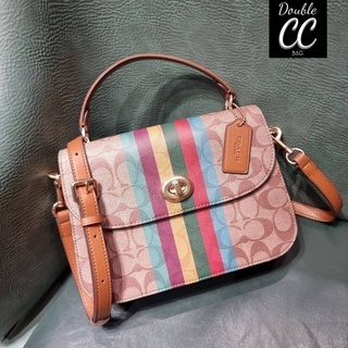 (แท้ 💯%‼ Factory) CO ACH C5644 MARLIE TOP HANDLE SATCHEL IN SIGNATURE CANVAS WITH STRIPE