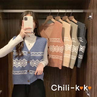 Chili_k❤️k❤️พร้อมส่ง เสื้อกั๊ก คอวี เสื้อกั๊กไหมพรมลายวินเทจ ผ้านิ่มใส่สบายมาก1995