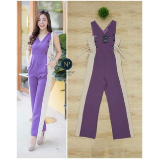 NANNAPAT:Jumpsuitขายาว แต่งกระดุม ผูกข้างเก๋ๆ สีทูโทน