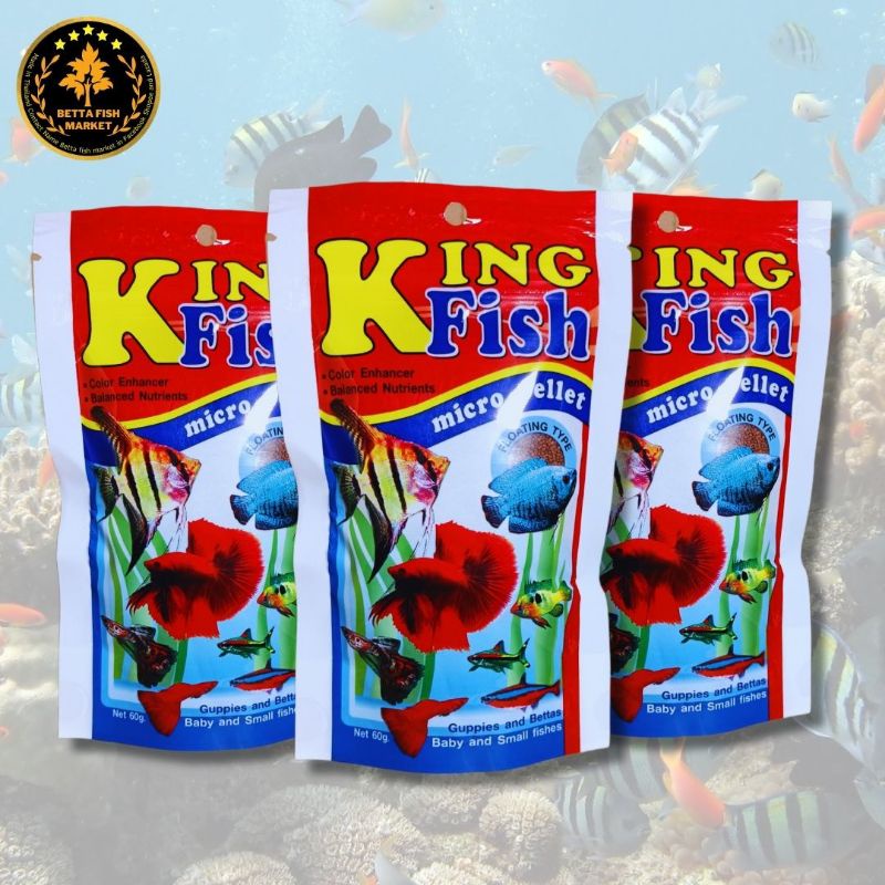 อาหารปลากัด-king-fish-micro-pellet-คิงฟิช-เม็ดเล็ก-ลอยน้ำ-60-g-สำหรับปลาเทวดา-ปลากัด-ปลากหางนกยูง-ปลากระดี่-ปลาสอด