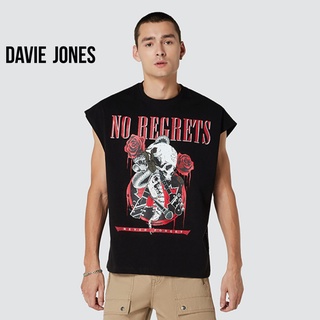 DAVIE JONES เสื้อยืดโอเวอร์ไซส์ พิมพ์ลาย แขนกุด สีดำ Graphic Print Oversized T-Shirt in black WA0113BK