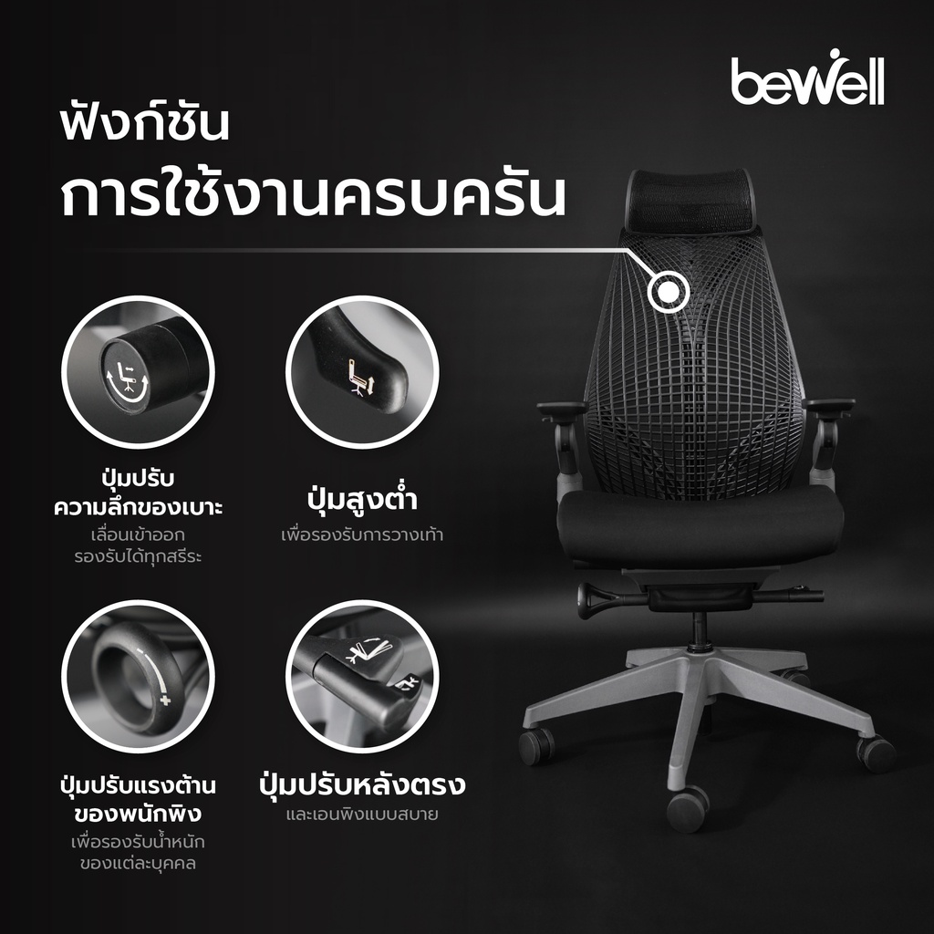 Bewell Ergonomic chair Embrace เก้าอี้ทำงาน เพื่อสุขภาพ ปรับระดับได้ทุกส่วน มีที่รองรับศรีษะ รุ่น Embrace สีดำ