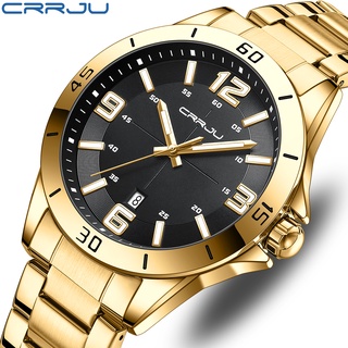 ของแท้ CRRJU นาฬิกาข้อมือควอทซ์แฟชั่น สายสเตนเลส สีทอง กันน้ํา หรูหรา สําหรับผู้ชาย 5003X
