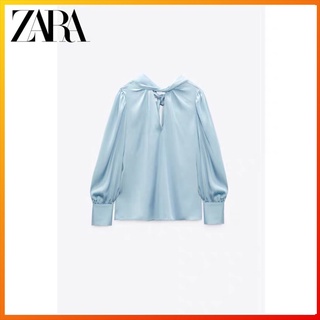 Zara เสื้อเชิ้ต ประดับโบว์ สีฟ้า สไตล์ฝรั่งเศส แฟชั่นฤดูใบไม้ผลิ