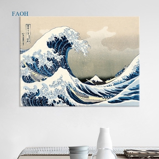 โปสเตอร์ผ้าไหมลาย The Great Wave Off Kanagawa สไตล์ญี่ปุ่นสําหรับตกแต่งบ้าน