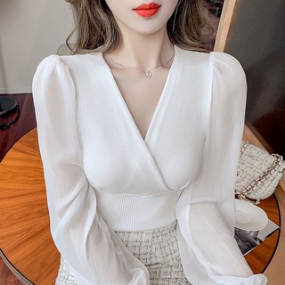 เสื้อเบลาส์ถัก ผ้าชีฟอง แขนยาว คอวี ทรงสลิม เรียบง่าย สไตล์เกาหลี คุณภาพสูง สําหรับผู้หญิง