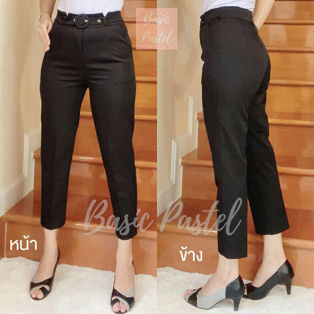 baby-young-pants-with-belt-กางเกงเอวสูง-7-ส่วน-สีดำ-หัวเข็มขัด-ปรับเลื่อนเอวได้-ทรงขาเดฟ-กระเป๋า-2-ข้าง-ตีเกล็ดหน้าหลัง