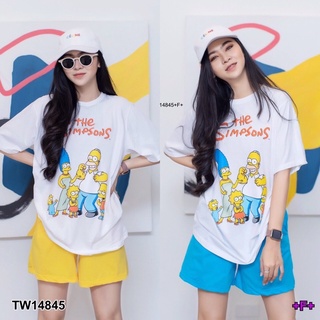 TW14845 Set 2 ชิ้น เสื้อคอกลมแขนสั้น ทรงโอเวอร์ไซส์ อกสกรีนลายการ์ตูน + กางเกงขาสั้น มีกระเป๋าข้าง เนื้อผ้าคอตตอน สีพื้น