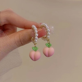 ใหม่ เครื่องประดับผู้หญิง ต่างหูมุก รูปพีช สีชมพู ขนาดเล็ก สีแดง 2022