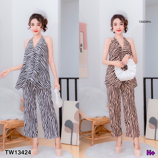 **แชทถามก่อนสั่งนะคะ**TW13424   Set 2 ชิ้น เสื้อผูกคอ+กางเกงขายาวทรงขาบานเล็กน้อย เอวสม้อคหลัง ผ้าไหมอิตาลี