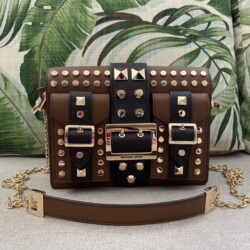 MICHAEL KORS Hayden Medium Studded Saffiano Leather Messenger Bag In