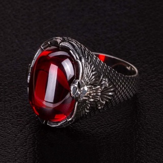 Ruby แหวนเหล็กไทเทเนียม ประดับคริสตัล สีเงิน สไตล์พังก์ วินเทจ สําหรับผู้ชาย