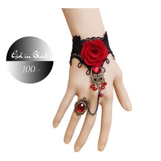♦️ สร้อยข้อมือประดับดอกกุหลาบสีแดง ห้อยแหวนปรับขนาดได้