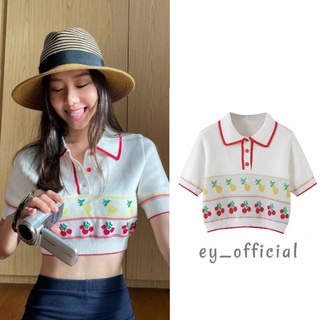 Ey_official#2690-1#(พร้มส่งค่ะ)เสื้อครอปฟรุตตี้คอปกแต่งกระดุมหน้า3เม็ด สไตล์ มุ้งมิ้ง